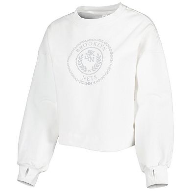 Women's Lusso White Brooklyn Nets Lola Ball and Chain Pullover Sweatshirt