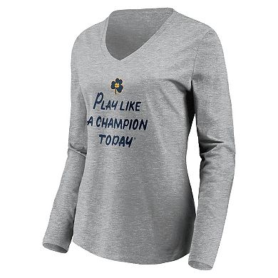 Women's Fanatics Branded Heathered Gray Notre Dame Fighting Irish Play Like A Champion Today Shamrock Long Sleeve V-Neck T-Shirt