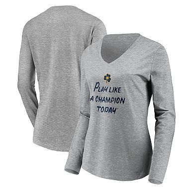 Women's Fanatics Branded Heathered Gray Notre Dame Fighting Irish Play Like A Champion Today Shamrock Long Sleeve V-Neck T-Shirt