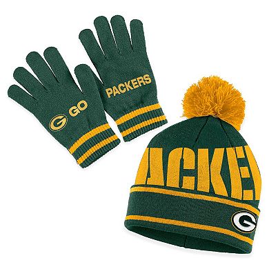 Women's WEAR by Erin Andrews Green Green Bay Packers Double Jacquard Cuffed Knit Hat with Pom and Gloves Set