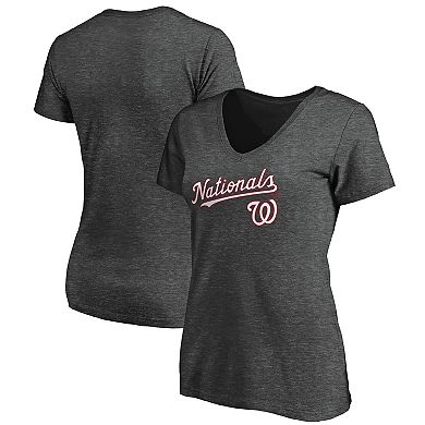 Women's Fanatics Branded Heathered Charcoal Washington Nationals Team Logo Lockup V-Neck T-Shirt