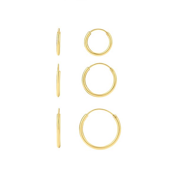 PRIMROSE 24k Gold Plated Polished Hoop Earrings Trio Set - Yellow Gold Tone