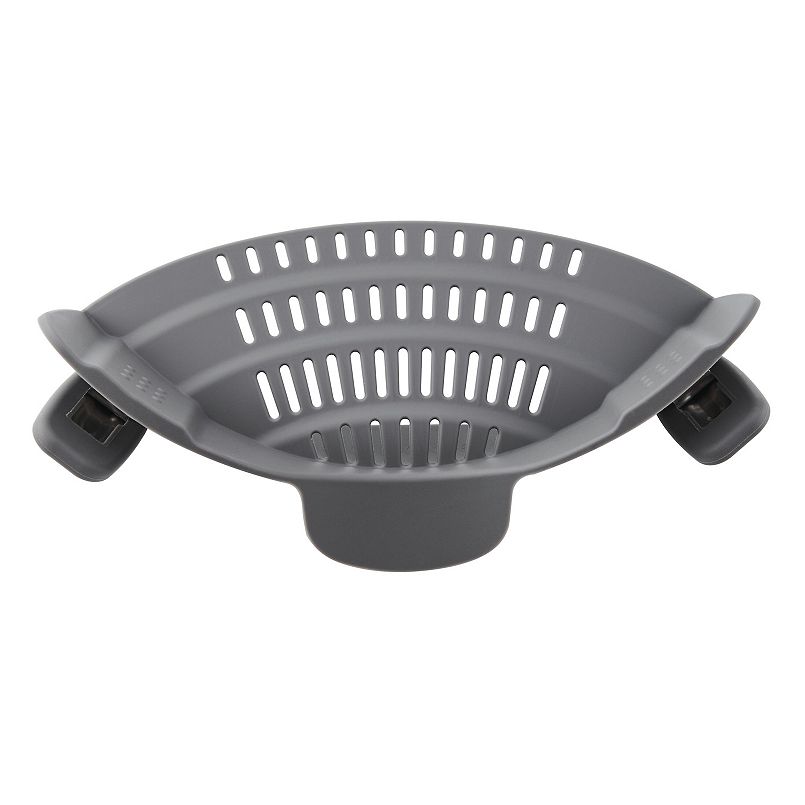A grey clip-on pot strainer