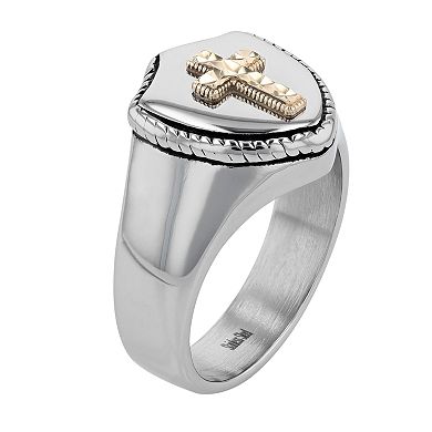 Men's Kristen Kesho 14k Gold Over Steel Cross & Shield Signet Ring