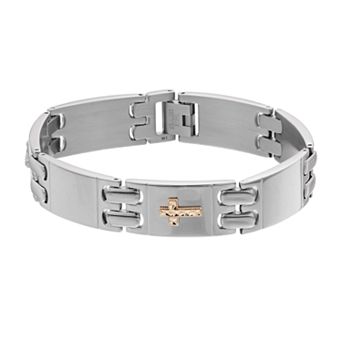 Men's Kristen Kesho 14k Gold Cross on Stainless Steel Link Bracelet