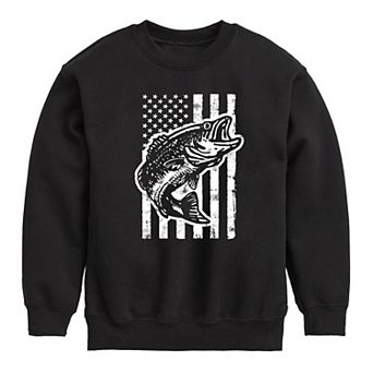 Boys 8-20 Fishing Bass Americana Flag Crew Fleece Sweatshirt