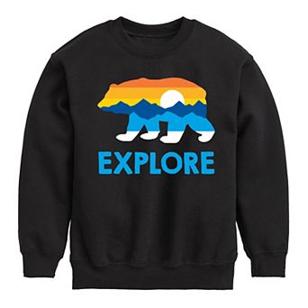 Boys 8-20 Explore Bear Sunset Mountain Range Crew Fleece Sweatshirt
