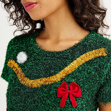 Juniors' Celebrate Together Short Sleeve Tinsel Tree Fit & Flare Dress