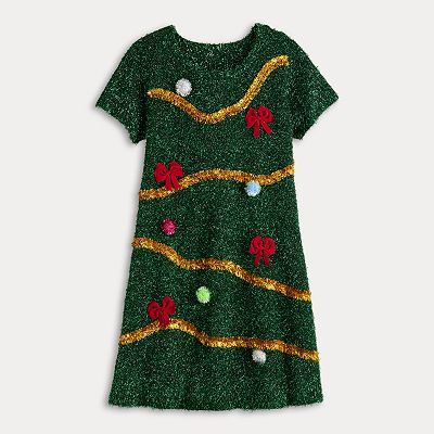 Juniors Celebrate Together Short Sleeve Tinsel Tree Fit Flare Dress