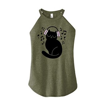 Juniors' Black Cat Headphones High Neck Tank Top