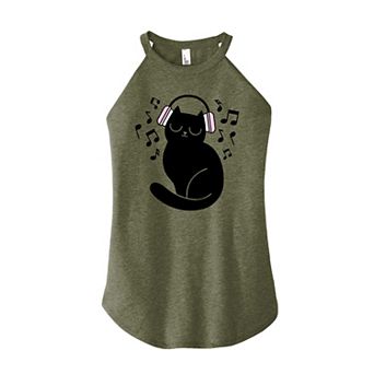 Juniors' Black Cat Headphones High Neck Tank Top