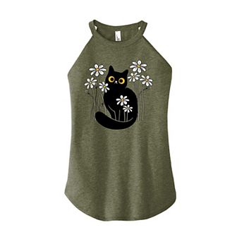 Juniors' Black Cat In Daisies High Neck Tank Top