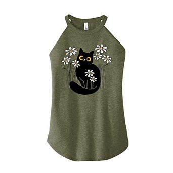 Juniors' Black Cat In Daisies High Neck Tank Top