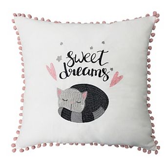 Harper Lane® Sweet Dreams Embroidered Cat Pompom Throw Pillow