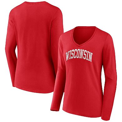 Women's Fanatics Branded Red Wisconsin Badgers Basic Arch Long Sleeve V-Neck T-Shirt