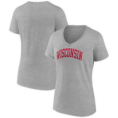 Women's Fanatics Branded Heather Gray Wisconsin Badgers Basic Arch V-Neck T-Shirt