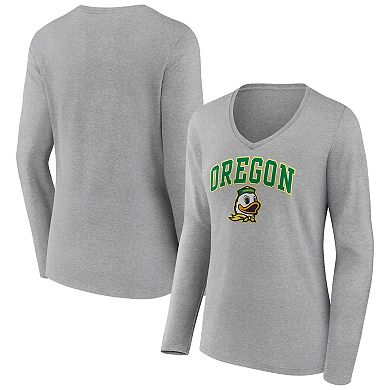Women's Fanatics Branded Heather Gray Oregon Ducks Evergreen Campus Long Sleeve V-Neck T-Shirt
