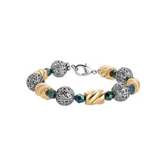 1928 Silver Tone, Green, & Gold Tone Filigree Beaded Bracelet