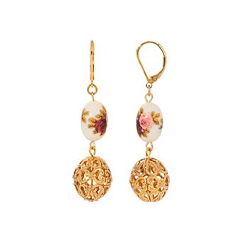 1928 Gold Tone Filigree Flower Bead Drop Earrings