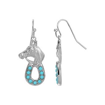 1928 Silver Tone Simulated Turquoise Horseshoe Earrings