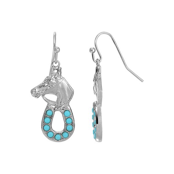 1928 Silver Tone Simulated Turquoise Horseshoe Earrings