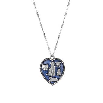 1928 Silver Tone Blue Enamel Cat Heart Pendant Necklace
