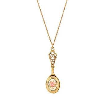 1928 Gold Tone Flower Decal Oval Locket Necklace