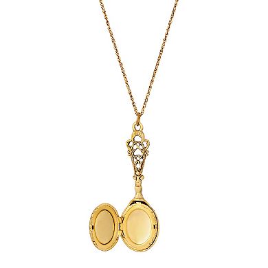 1928 Gold Tone Flower Decal Oval Locket Necklace