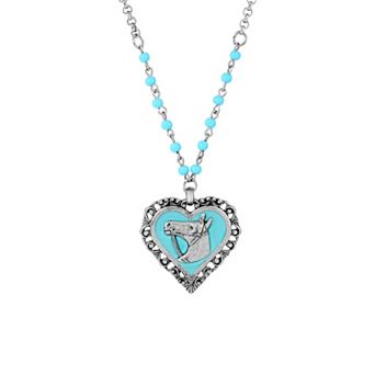 1928 Silver Tone Simulated Turquoise Horse Head Heart-Shaped Cameo Pendant Necklace