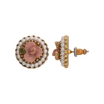1928 Gold Tone Simulated Pearl Pink Flower Stud Earrings