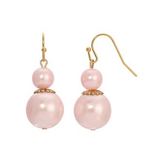 1928 Gold Tone Pink Simulated Pearl Double-Bead Drop Earrings