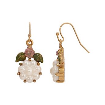 1928 Gold Tone Simulated Pearl Flower Drop Earrings