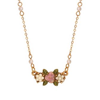 1928 Gold Tone Simulated Pearl & Pink Flower Necklace