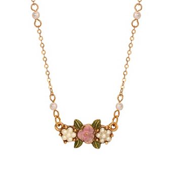1928 Gold Tone Simulated Pearl & Pink Flower Necklace