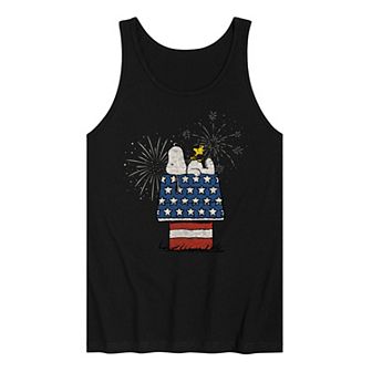 Men's Peanuts Snoopy Dog House Fireworks Vintage Graphic Tank Top