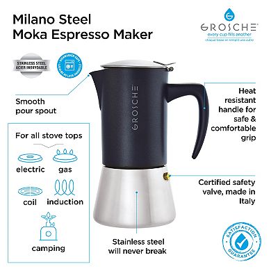 GROSCHE Milano Stainless Steel Stovetop Espresso 6-Cup Moka Pot Coffee Maker