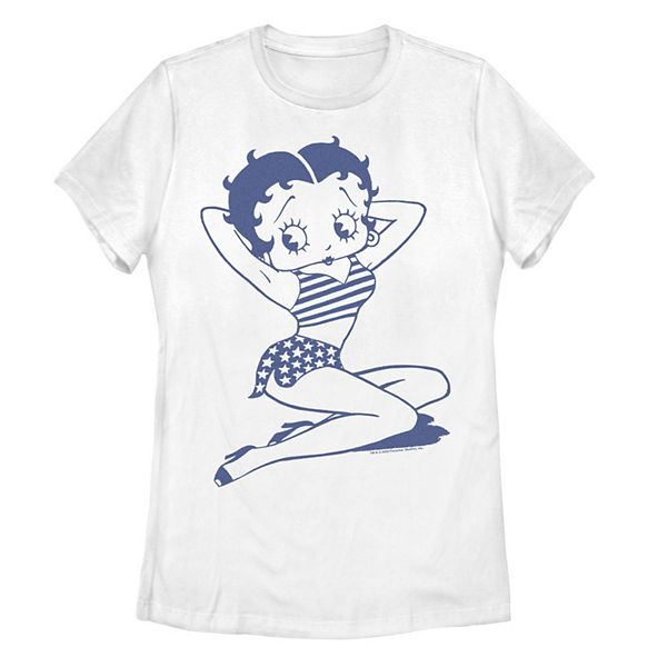 Juniors' Betty Boop Sitting USA Flag Outfit Graphic Tee Juniors' Betty Boop Sitting USA Flag Outfit Graphic Tee