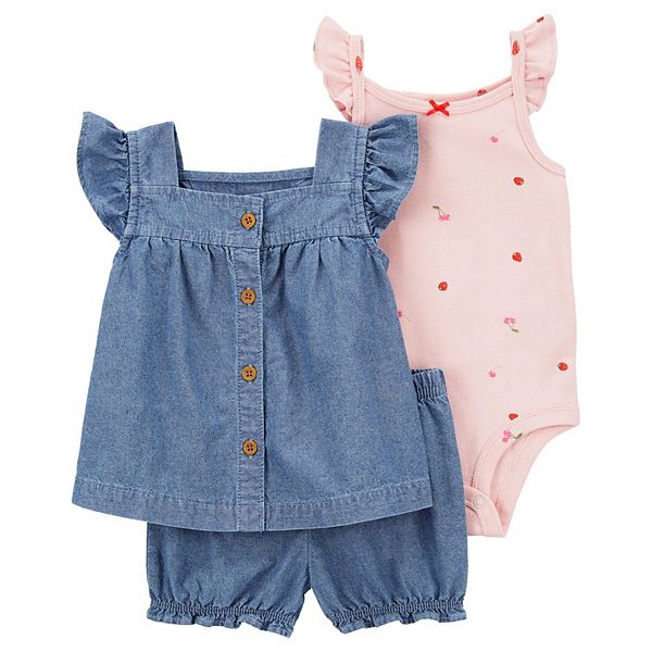 Baby Girl Carter's 3-Piece Cherry Chambray Shorts, Top, and Bodysuit Set