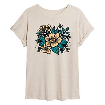 Juniors' Etched Flowers Oversized Tee