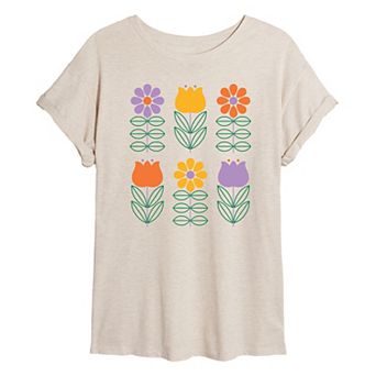 Juniors' Retro Flower Grid Oversized Tee