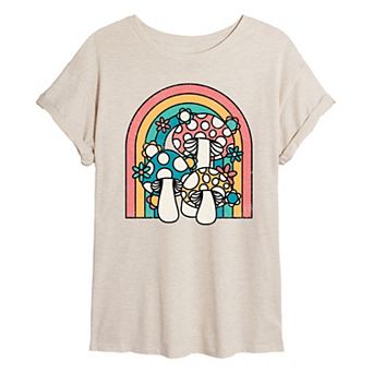 Juniors' Retro Mushrooms Rainbow Oversized Tee