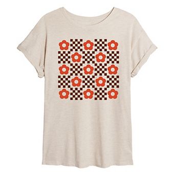 Juniors' Checkered Flower Grid Oversized Tee