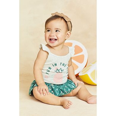 Baby Girl Carter's "Fun In The Sun" Pineapple Bodysuit & Ruffly Geo Print Diaper Cover Set