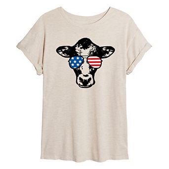 Juniors' Cow With Flag Glasses Oversized Tee
