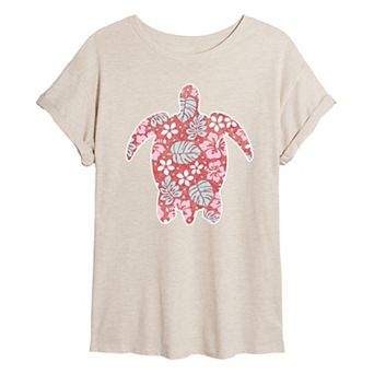 Juniors' Floral Sea Turtle Oversized Tee