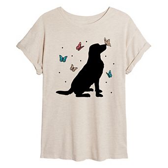 Juniors' Dog And Butterflies Oversized Tee