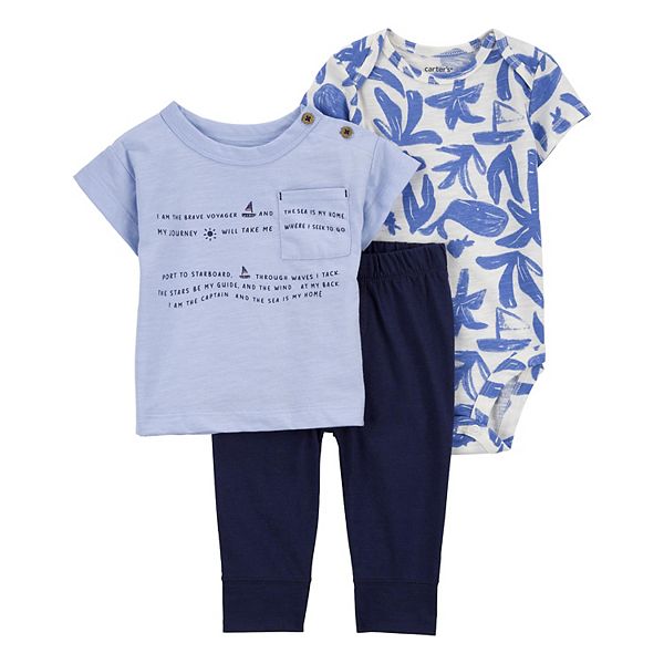 Carter's 3pc Baby Boy Blue Wolf Hoodie, Striped Bodysuit and Grey Pants Set main image 0