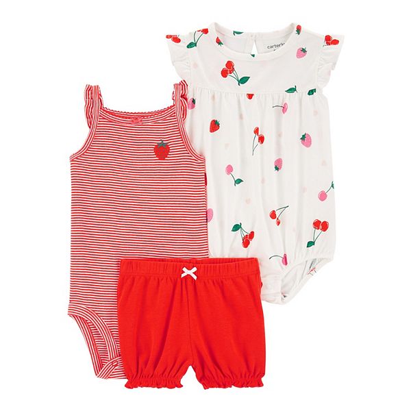 Baby Girl Carter's 3-Piece Strawberry Bodysuits & Shorts Set - Red (NEWBORN)