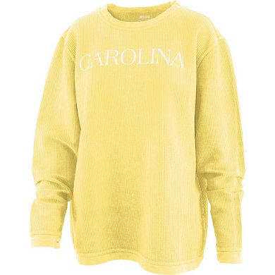 Women's Pressbox Yellow North Carolina Tar Heels Comfy Cord Bar Print Pullover Sweatshirt