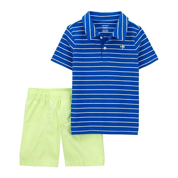 Toddler Boy Carter's 2-Piece Airplane Polo and Shorts Set - Blue Yellow Stripe (5T)